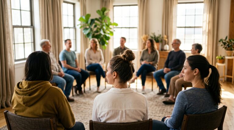 Group therapy session with a counselor discussing mental health and wellness in a bright room